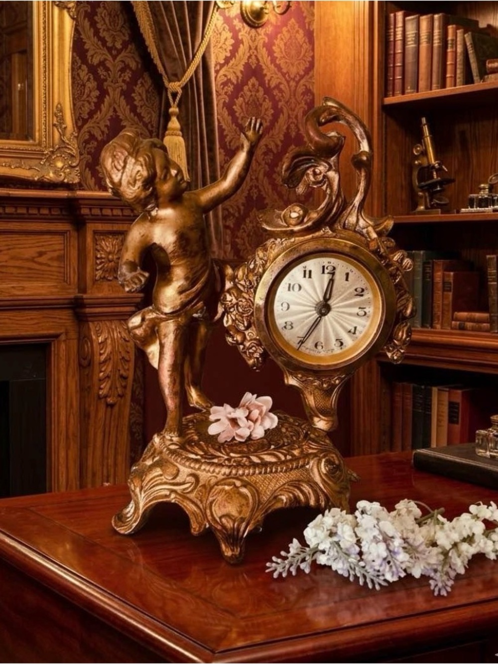 Ornate Cherub Table Clock in Antique Gold - Home Wall Decor